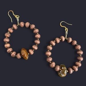 Agate Wood Bead Hoop Earrings